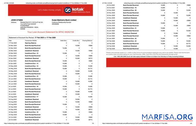 Printable India Kotak Mahindra bank account statement word 2 pages real example